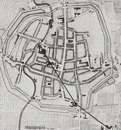 Stadtplan mit eingezeichneter Leitungsfhrung: 1=Physikalisches Cabinet, 2=Johanniskirche, 3=Accouchirhaus, 4=Sternwarte