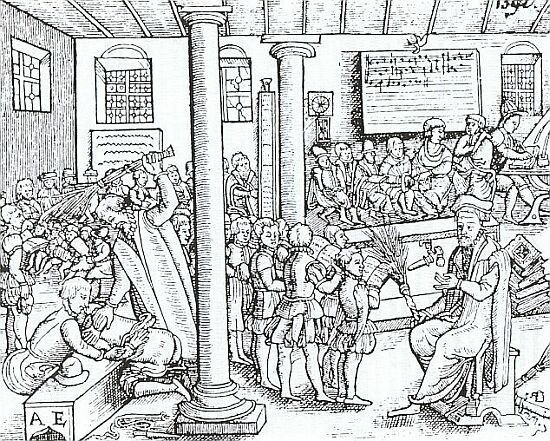 Unterricht in einer Lateinschule, Holzschnitt aus dem Jahr 1592