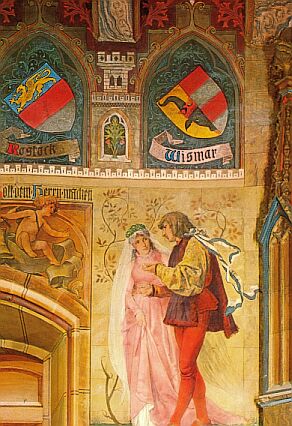 Detail aus der Ausmalung der Rathaus-Halle: "Das Brautpaar" neben der Tür zum Standesamt. Darüber zwei Wappen des Wappenfrieses.